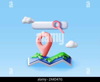 3D location folded paper map, search bar and pin Stock Vector