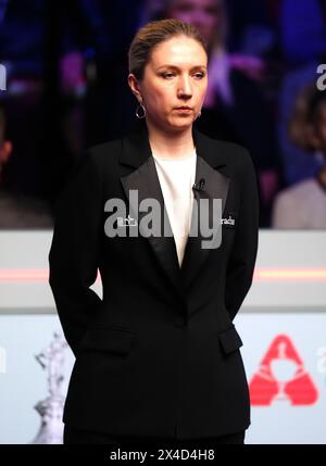 Referee Tatiana Woollaston during the semi-final match between Kyren Wilson and David Gilbert on day thirteen of the 2024 Cazoo World Snooker Championship at the Crucible Theatre, Sheffield. Picture date: Thursday May 2, 2024. Stock Photo