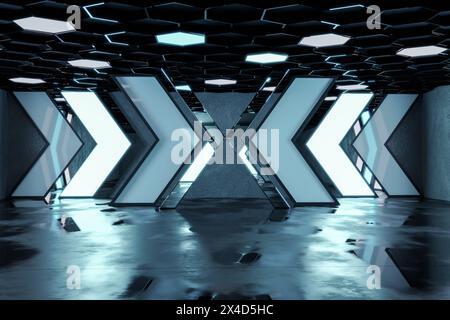Epic Hall With Neon Directional Elements And Hexagonal Ceiling Stock Photo