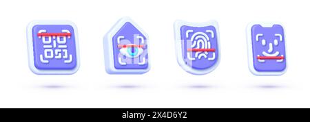 3d scan set for web design. Face id, Finger scan, Eye scan, Qr code scan. Data technology. 3d vector illustration Stock Vector