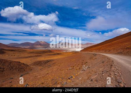 Road to Salar de Aguas Calientes (Spanish for Hot Waters Salt Lake) and lagoon in the Altiplano over 4000 meters over the sea level, Atacama desert, A Stock Photo