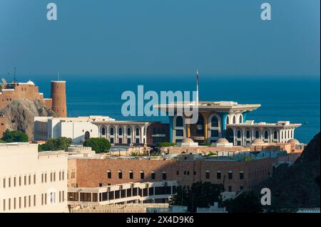 A view of Sultan Qaboos palace, Al -Alam Palace, on the Persian Gulf. Al -Alam Palace, Muscat, Oman. Stock Photo