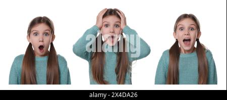 Surprised girl on white background, collage of photos Stock Photo