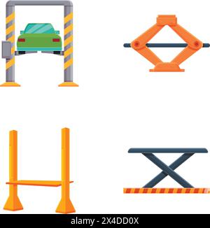 Car inspection icons set cartoon vector. Car lift stand tower with automobile. Auto service, wheel replacement Stock Vector