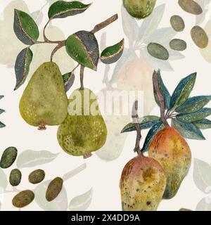 Yellow-green pears and red-yellow mango on branches with green foliage, watercolor seamless pattern. Stock Photo