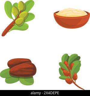 Shea plant icons set cartoon vector. Shea nut and leaf with liquid extract. Cosmetic ingredient Stock Vector