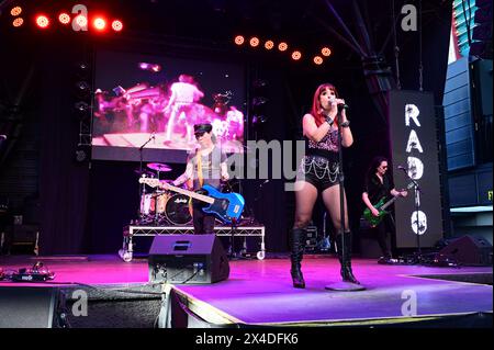 Female lead singer on Fremont street in Las Vegas. Stock Photo