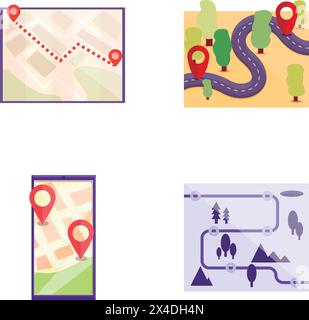 Gps navigation icons set cartoon vector. Various navigation map on device screen. Mobile gps service Stock Vector