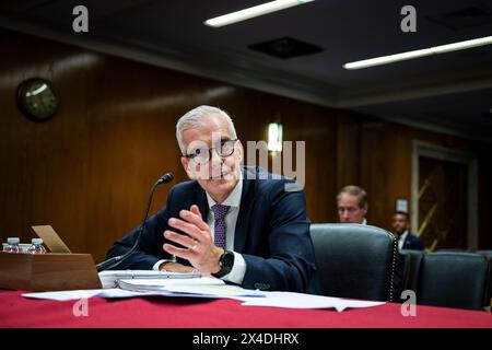 Washington, USA. 02nd May, 2024. Secretary of Veterans Affairs Denis McDonough testifies during a Senate Appropriations Subcommittee hearing on President Biden's 2025 budget for the Department of Veterans Affairs, at the U.S. Capitol, in Washington, DC, on Thursday, May 2, 2024. (Graeme Sloan/Sipa USA) Credit: Sipa USA/Alamy Live News Stock Photo