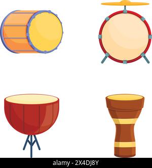 Drum icons set cartoon vector. Wooden drum of different style and color. Percussion musical instrument Stock Vector