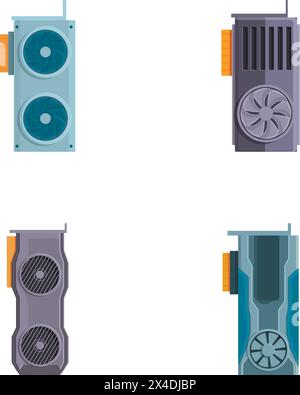 Gpu icons set cartoon vector. Computer graphic card with cooling fan. Personal computer component Stock Vector