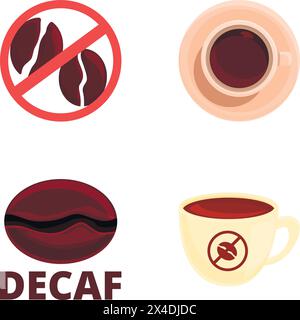 Decaf icons set cartoon vector. Cup of hot decaf coffee. Decaffeinated drink Stock Vector