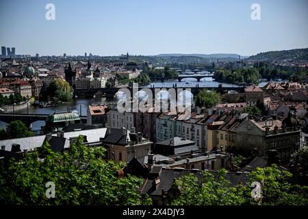 Prag, Czech Republic. 30th Apr, 2024. City view of Prague with the Karsl Bridge (M), which crosses the Vltava. Credit: Britta Pedersen/dpa/Alamy Live News Stock Photo