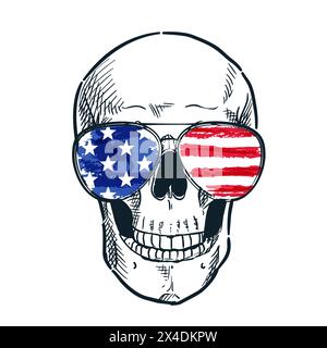 Skull in USA flag glasses hand drawn watercolor sketch illustration isolated on white background. Holiday graphic print, banner, poster, greeting card Stock Vector