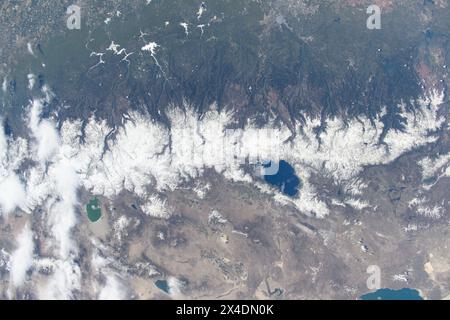 Tahoe, United States. 20 April, 2024. A view from the International Space Station of Lake Tahoe, situated in the Sierra Nevada Mountains and straddling the border of California and Nevada from nearly 258 miles above the Earth surface, April 20, 2024, in Earth Orbit.  Credit: Astronaut Provided/NASA Photo/Alamy Live News Stock Photo