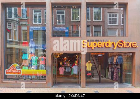 Amsterdam, Netherlands - May 18, 2018: Popular Superdry Store Modern Clothing at Kalverstraat Street City Centre. Stock Photo