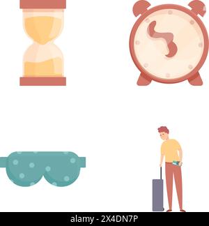 Biorhythm change icons set cartoon vector. Young man tired after air travel. Flight, jet lag Stock Vector