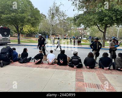 (240502) -- LOS ANGELES, May 2, 2024 (Xinhua) -- Photo taken with a mobile phone on May 2, 2024 shows police officers arresting pro-Palestinian protesters at the University of California, Los Angeles (UCLA), in Los Angeles, California, the United States. More than 130 pro-Palestinian protesters were arrested Thursday morning at the University of California, Los Angeles (UCLA) as police moved to dismantle an encampment at the University of California, Los Angeles, one of the top public universities in the United States, according to authorities. (Photo by Yang Pingjun/Xinhua) Stock Photo