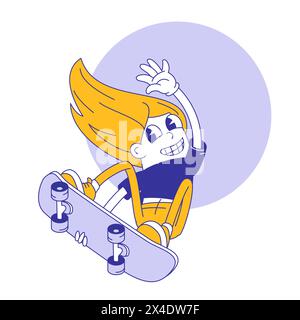 70s groovy skateboarding happy woman character. Stock Vector