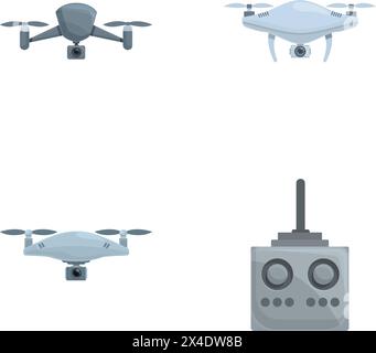 Quadrocopter icons set cartoon vector. Various drone with integrated camera. Aerial videography Stock Vector