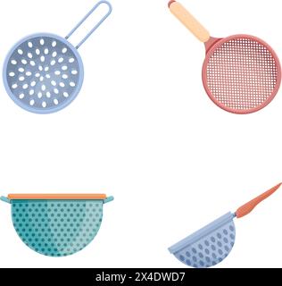 Metal colander icons set cartoon vector. Colander of various shape and color. Kitchen utensils Stock Vector