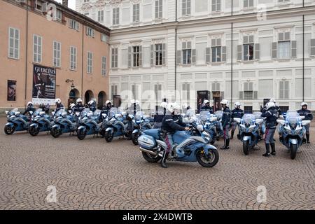 Torino, Italia. 02nd May, 2024. Alcune immagini della sfilata della Polizia Stradale in occasione del Giro d'Italia, presso Piazzetta Reale a Torino, Italia - Cronaca - 2 Maggio 2024 - (Photo Giacomo Longo/LaPresse) Some pictures of the Traffic Police parade during the Giro d'Italia, at Piazzetta Reale in Turin, Italy - News - 2 May 2024 - (Photo Giacomo Longo/LaPresse) Credit: LaPresse/Alamy Live News Stock Photo