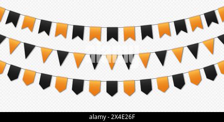 Halloween party flags, bunting flags garland, orange and black pennants hanging on a rope. Stock Vector