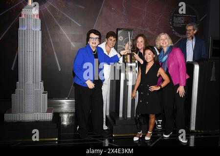 New York, USA. 02nd May, 2024. (L-R) Billie Jean King, Ilana Kloss, Scout Bassett, Danette Leighton and Robin Harris attend the lighting ceremony of the Empire State Building in honor of the Women's Sports Foundation's 50th Anniversary at The Empire State Building, New York, NY, May 2, 2024. (Photo by Anthony Behar/Sipa USA) Credit: Sipa USA/Alamy Live News Stock Photo