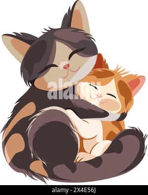 Cat and kitten hugging. Vector illustration isolated on a white background. Stock Vector