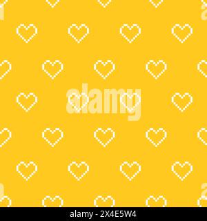 Seamless Pixelated pattern, white hearts on yellow background. Stock Vector