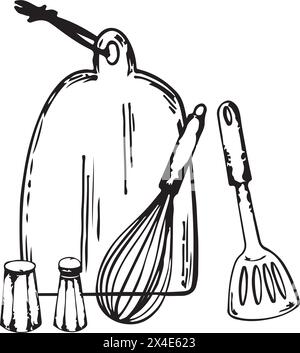 Composition of kitchen utensils drawn in vector. A wooden cutting board, a whisk, a meat spatula, pepper and salt drawn with a black outline. Stock Vector