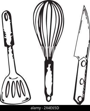 A set of kitchen utensils drawn in vector. Beating whisk, meat spatula, kitchen knife. All objects are drawn in vector on a white background. Stock Vector