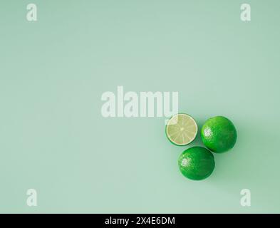 Trendy fruit composition made with fresh green lime on green background with copy space. Minimal concept. Monochromatic summer fruit layout. Stock Photo