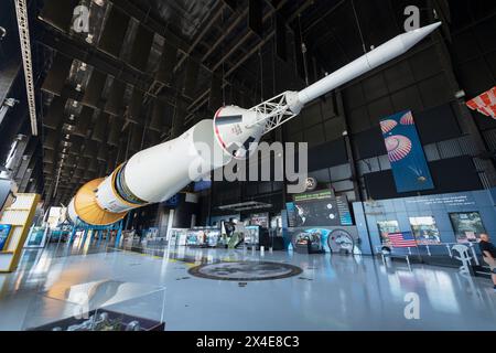 Saturn V Moon Rocket. Davidson Center for Space Exploration: Saturn V Hall. U.S. Space and Rocket Center, Huntsville, Alabama. Stock Photo