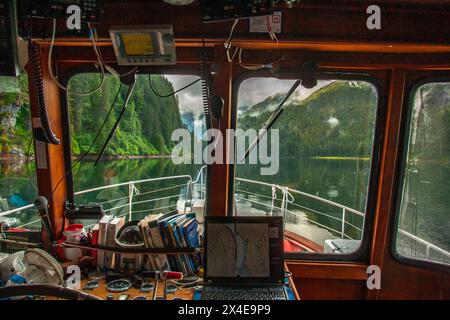 USA, Alaska, Tongass National Forest. View of Red Bluff Bay from a boat captains chair. Stock Photo