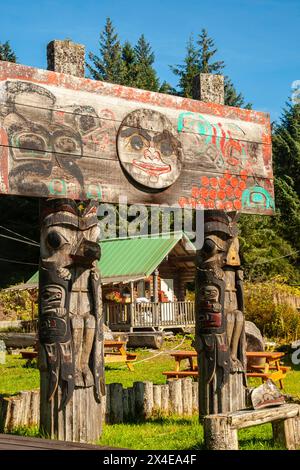 USA, Alaska, Tongass National Forest. Totem pole sign in village of Kake. (Editorial Use Only) Stock Photo