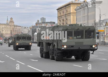 Moscow, Russia. 2nd May, 2024. Russian mobile short-range ballistic missile system launchers Iskander drive along a street to attend a rehearsal for the Victory Day military parade in Moscow, Russia, on May 2, 2024. Credit: Alexander Zemlianichenko Jr/Xinhua/Alamy Live News Stock Photo
