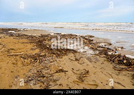 Lido di Jesolo, Italy - 2 May 2024: Littered beach after a storm. The waves have washed up wood and plastic from the sea. Pollution concept *** Verschmutzer Strand nach einem Sturm. Die Wellen haben aus dem Meer Treiholz und Plastik angespült. Umweltverschmutzung Konzept Stock Photo