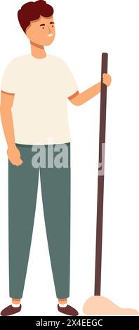 Boy cleaning floor with mop icon cartoon vector. Housekeeping work. Person help Stock Vector