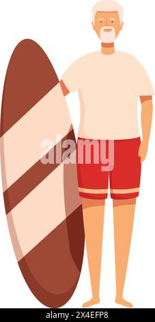 Senior man with surf bord icon cartoon vector. Sport surfing. Vitality person Stock Vector