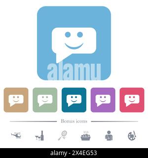Rounded square smiling chat bubble solid white flat icons on color rounded square backgrounds. 6 bonus icons included Stock Vector