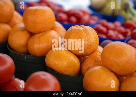 Baskets of Oranges At a Market Stock Photo