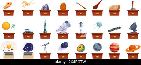 Science museum exhibits icons set cartoon vector. Space astronaut. Guide equipment Stock Vector