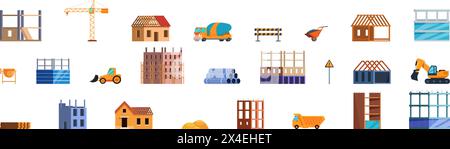 Unfinished house construction icons set cartoon vector. Stages level. Team worker Stock Vector