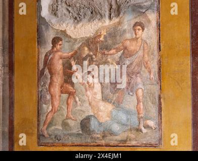 Pompeii fresco, 'The punishment of Dirce', in the House of the Vettii, Pompeii Italy; 1st Century AD; Roman painting, example of mythological art. Stock Photo