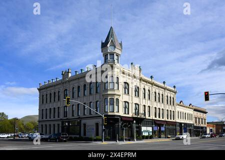 Baker CIty, OR, USA - April 26, 2024; Geiser Grand Hotel at intersection in downtown Baker City on the Oregon Trail Stock Photo
