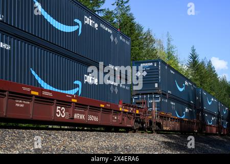Skykomish, WA, USA - May 1, 2024; Amazon Prime interm freight containers transported on intermodal train with name and brand smile logo under blue sky Stock Photo
