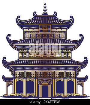Chinese Pagoda vector element with blue and golden color design Stock Vector