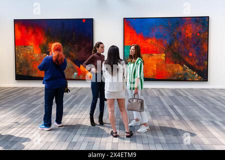 New York, NY, USA. 2nd May, 2024. The Frieze Art Fair, one of New York's largest and most prestigious spring art fairs, opened to the public in The Shed, in Hudson Yards, with galleries displaying contemporary art in several media. Paintings by Sterling Ruby shown by Gagosian. Credit: Ed Lefkowicz/Alamy Live News Stock Photo