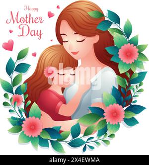 Cute Happy mother's day icon or symbol, Happy mom with beloved daughter vector illustration Stock Vector